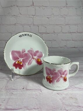 Vintage Tajima Hawaii Pink Floral Orchid Gold Trim Cup and Saucer Set